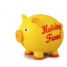 Yellow piggy bank, marked, "Holiday Fund"